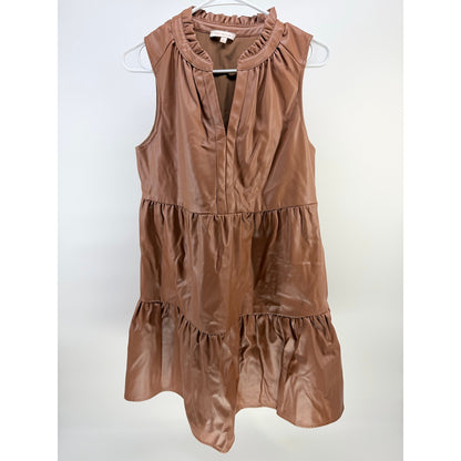 Skies Are Blue Sleeveless Vegan Leather Tiered V-neck Dress