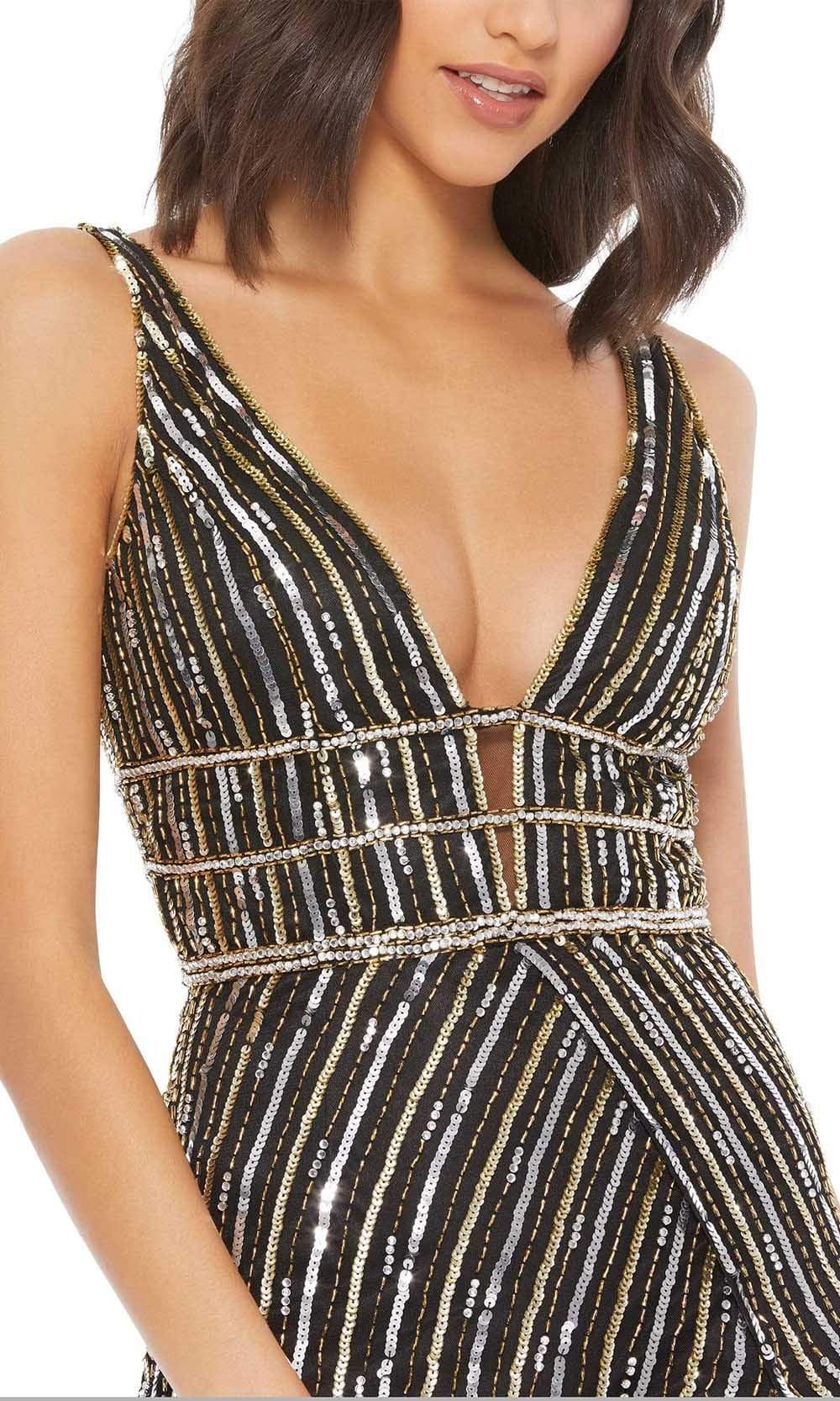 Mac Duggal Black Gold Striped Plunge Column Gown