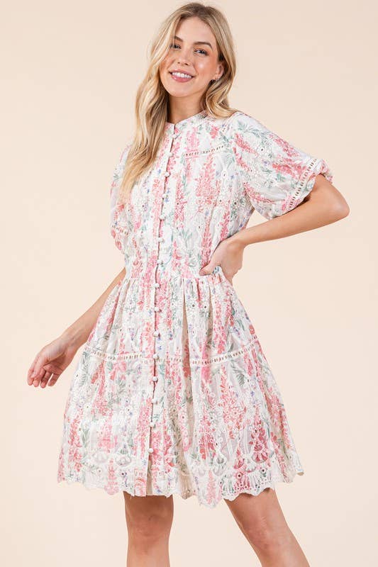 GeeGee x Lovelo Floral Eyelet Lace Mini Shirt Dress