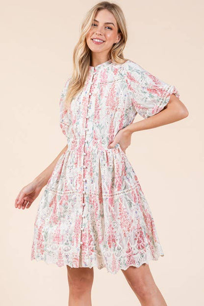 GeeGee x Lovelo Floral Eyelet Lace Mini Shirt Dress