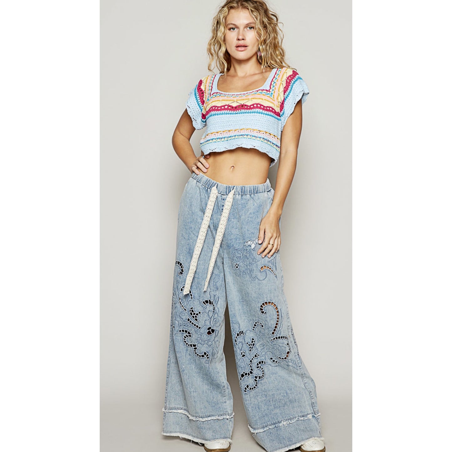 POL Boho Cutout Detail Wide Leg Jeans