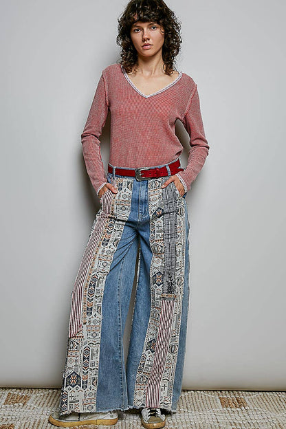 Pol Clothing Patchwork relaxed woven denim pant