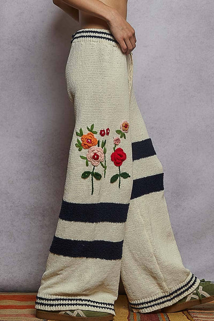 Pol Clothing Striped pattern 3D embroidered detail chenille sweater pants