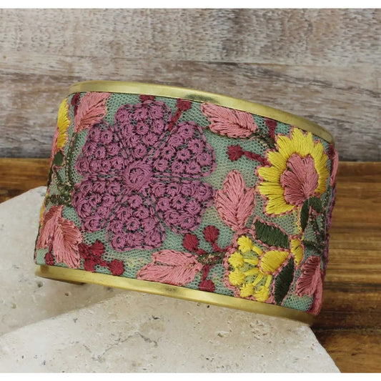 Pink and Yellow Mesh Flower Embroidery Cuff Bracelet