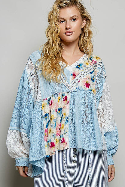 Pol Clothing - Bohemian Lace Outseam Balloon Sleeve Top