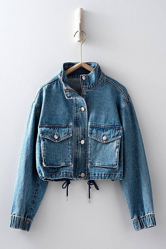 Urban Daizy Utility Cropped Drawstring Hem Stand Collar Denim Jacket