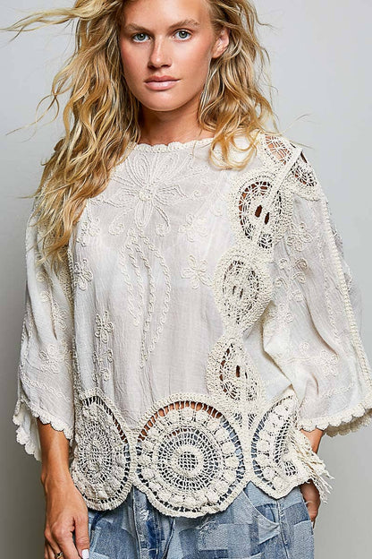 Pol Clothing - Round neck short sleeve floral embroidery top