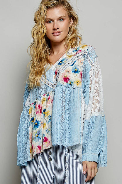 Pol Clothing - Bohemian Lace Outseam Balloon Sleeve Top