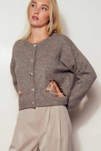Urban Daizy Western Horse Graphic Ribbed Trim Crew Neck Cardigan