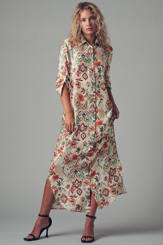 Urban Daizy Boho Floral Button-Down Midi Dress