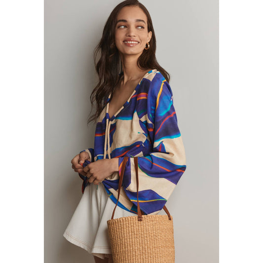 Farm Rio Long-Sleeve Rope-Tie Linen Blouse