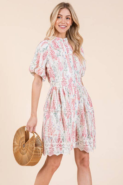 GeeGee x Lovelo Floral Eyelet Lace Mini Shirt Dress
