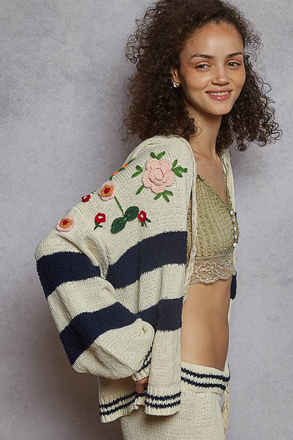 Pol Clothing Striped pattern 3D embroidered hoodie zip-up sweater top