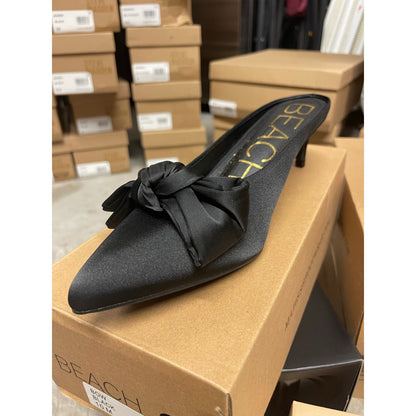 Beach by Matisse Bow Black Satin Kitten Heel Mule Pumps