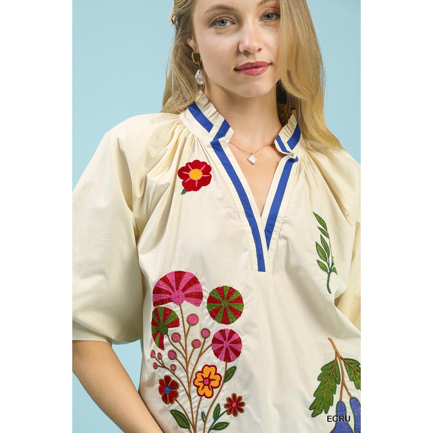 Umgee Ecru Embroidered Floral V-Neck Blouse