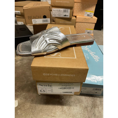 Seychelles Madhu Silver Metallic Leather Flat Slide Sandals