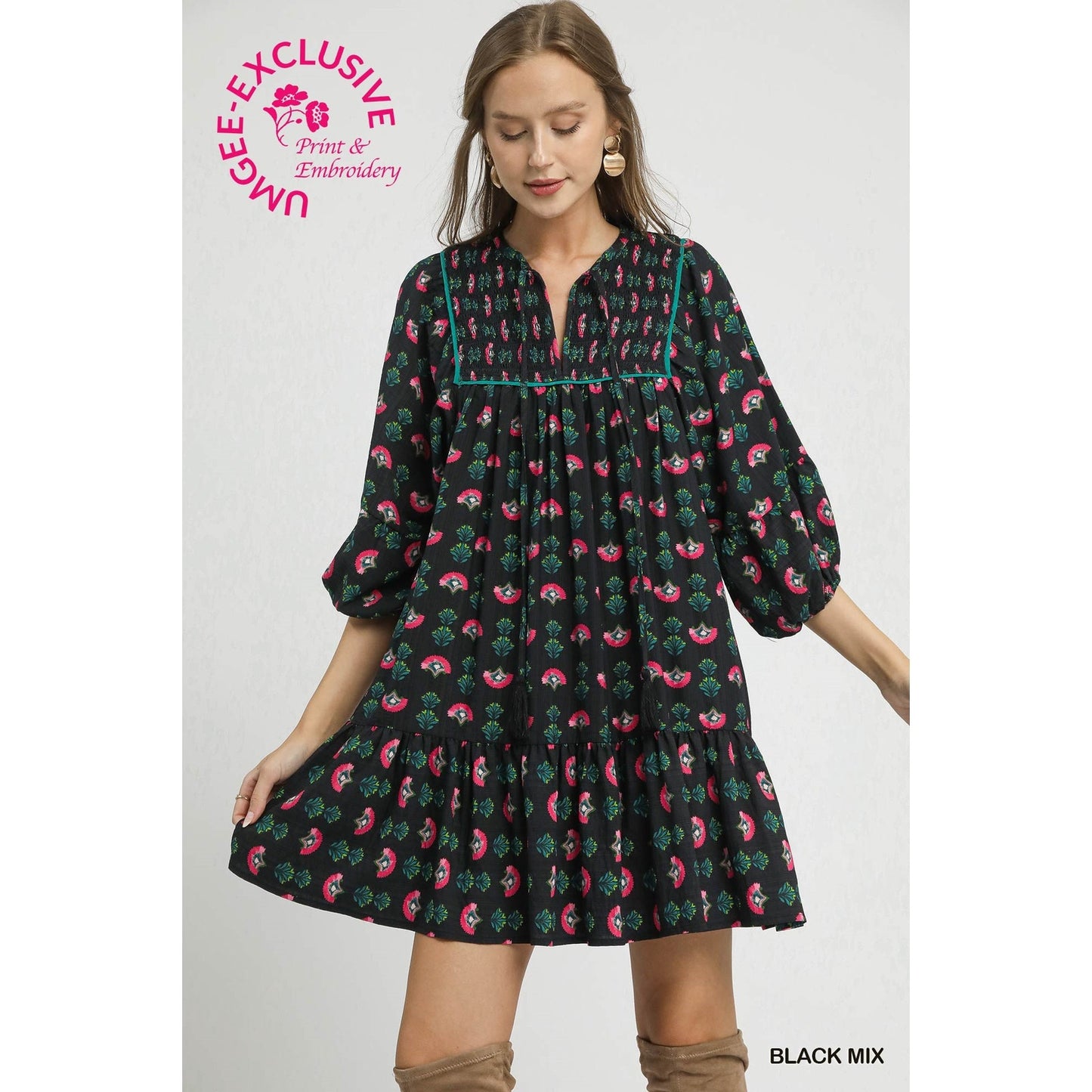 Umgee Floral Boho Mini Dress with Pink Accents