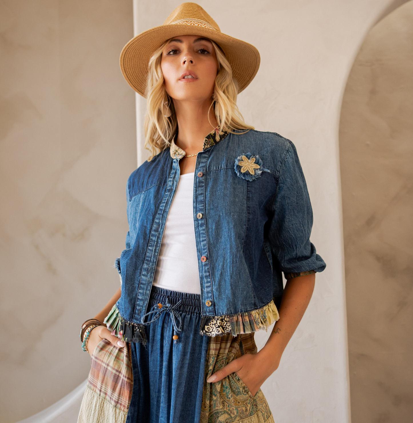 Young Threads Western Boho Chic: Patchwork Cropped Denim Jacket