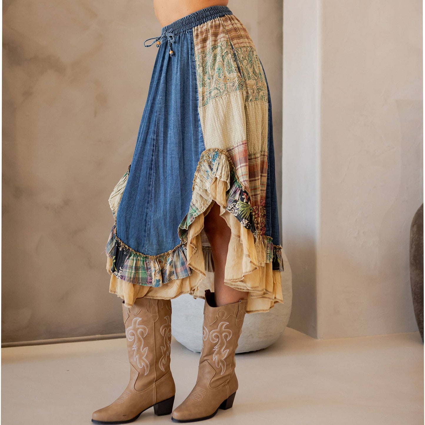 Young Threads Western Boho Chic: Patchwork Midi Skirt