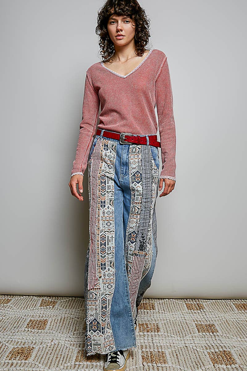 Pol Clothing Patchwork relaxed woven denim pant