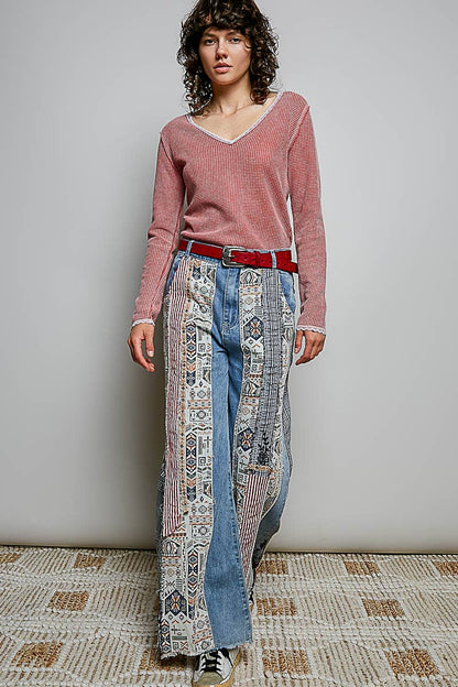 Pol Clothing Patchwork relaxed woven denim pant
