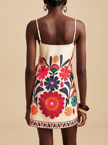 Rosa Clothing - Deep V Boho Floral Wrap Tie-Up Mini Dress