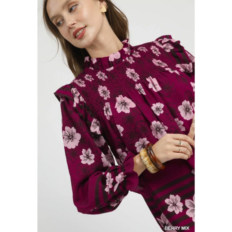 Umgee Mix Floral Smocked Ruffle Blouse