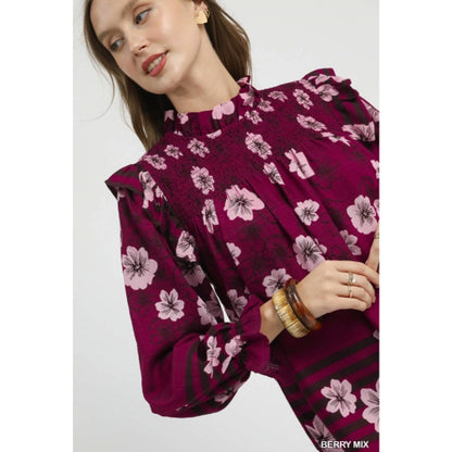 Umgee Mix Floral Smocked Ruffle Blouse