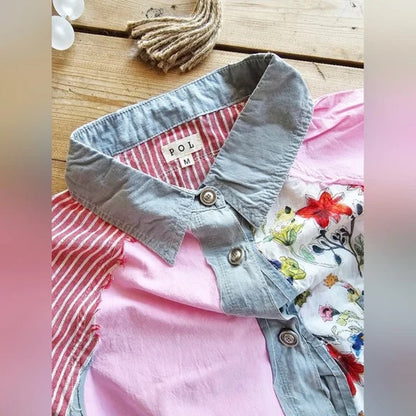 POL Clothing Patchwork Button Down Shirt Boho Floral Shirt