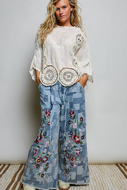 Pol Clothing - Round neck short sleeve floral embroidery top