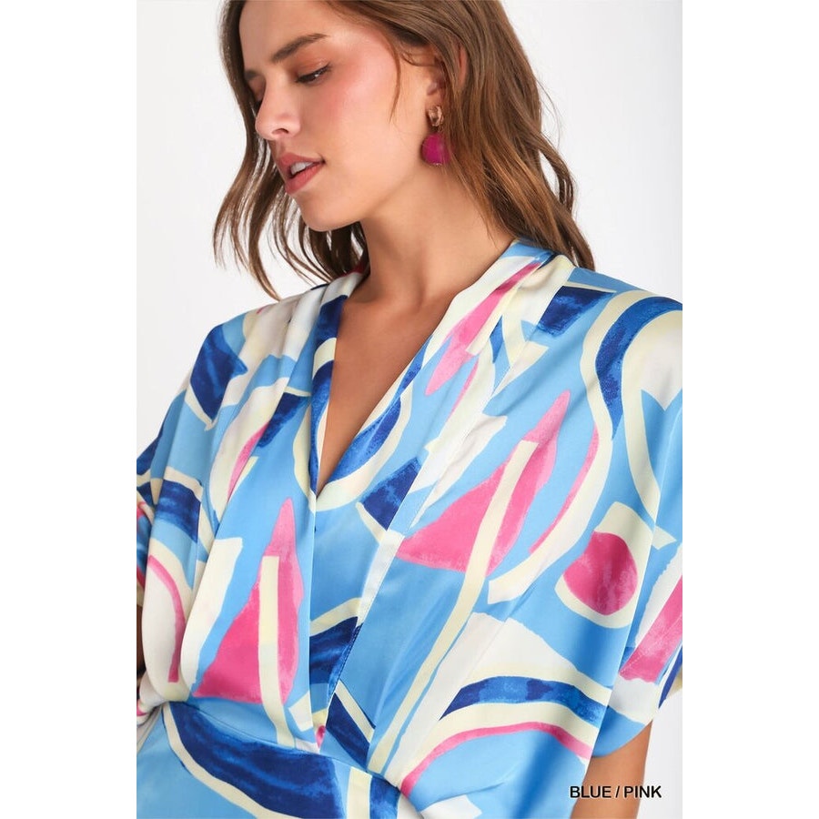 Umgee Satin Abstract Print Overlap Maxi Dress with Side Slits