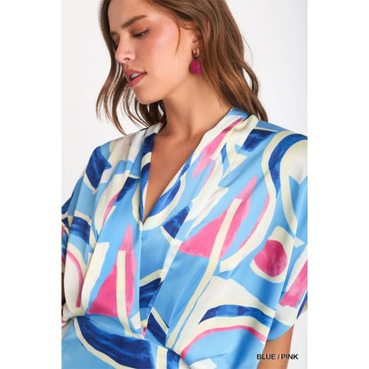 Umgee Satin Abstract Print Overlap Maxi Dress with Side Slits