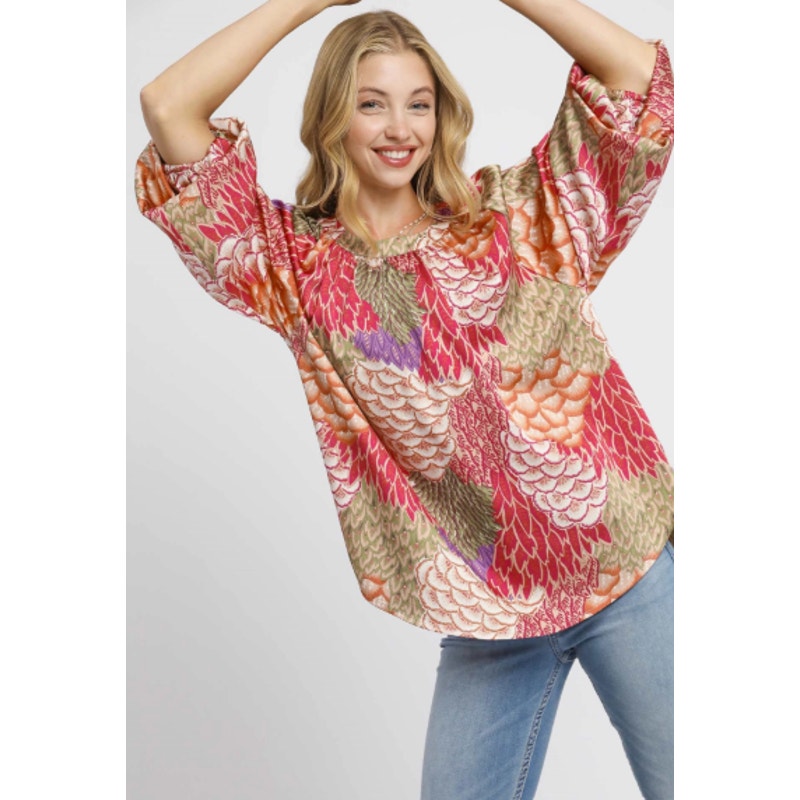 Umgee Boho Feather Print Peasant Blouse