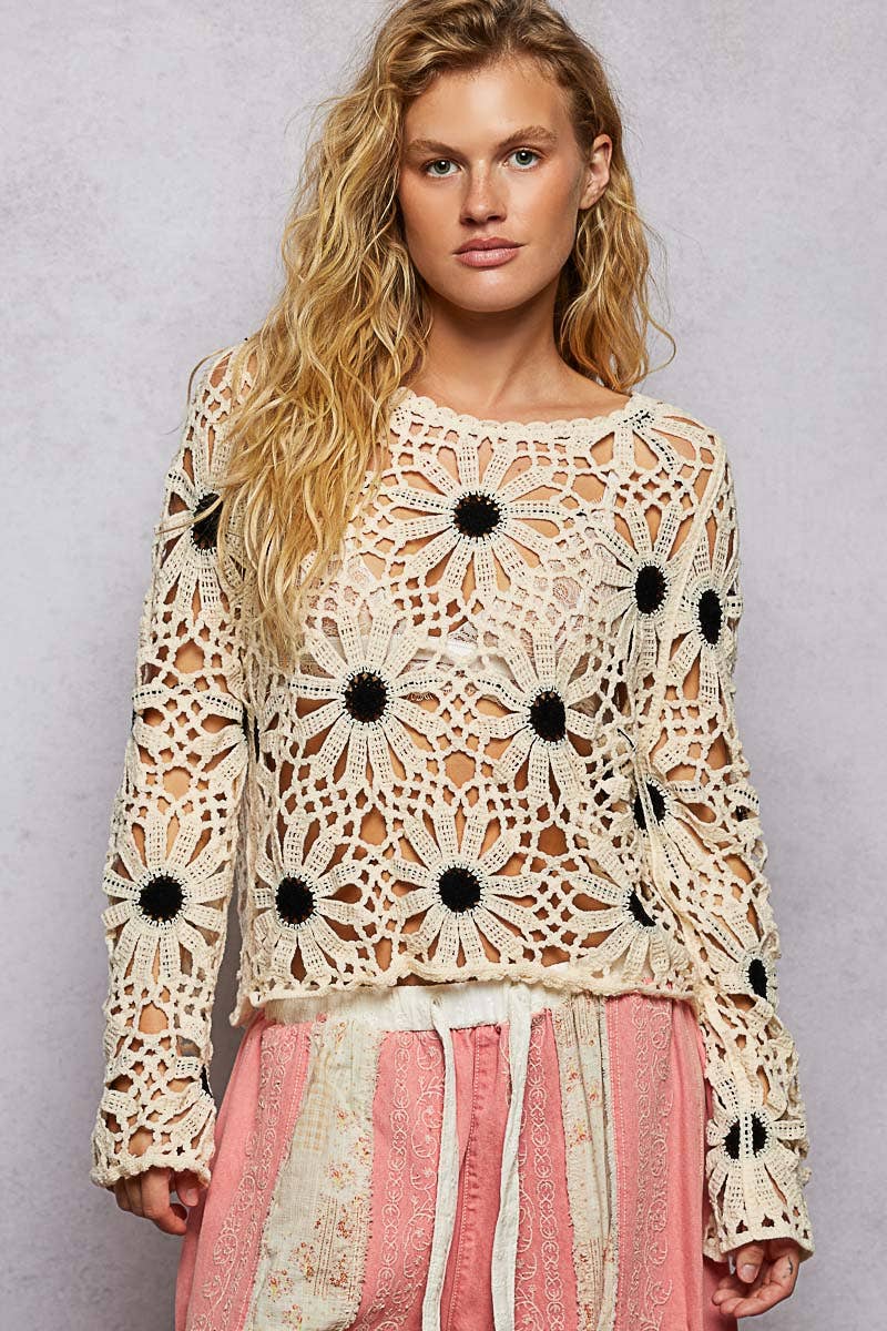 Pol Clothing - Floral Weave Round Neck Long Sleeve Crochet Top