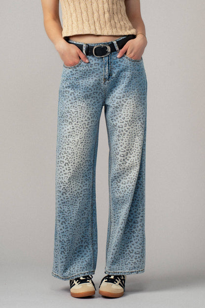 Urban Daizy Leopard Print Wide-Leg Denim Pants