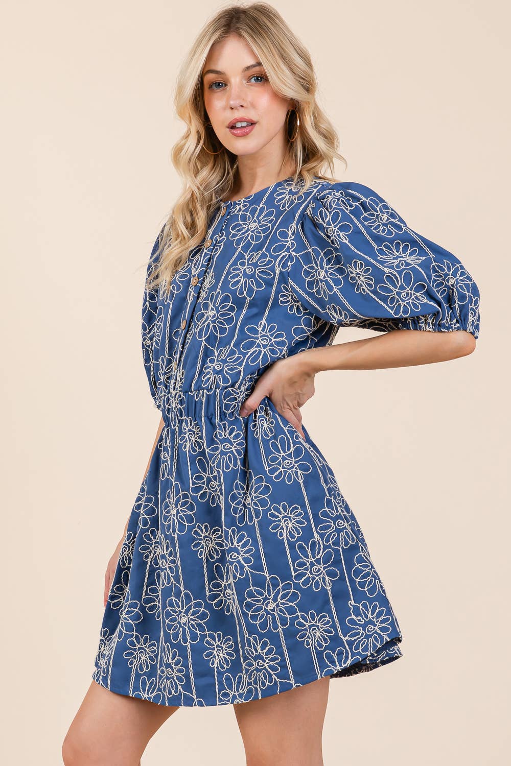 GeeGee x Lovelo Floral Embroidered Half Button-Up Mini Dress