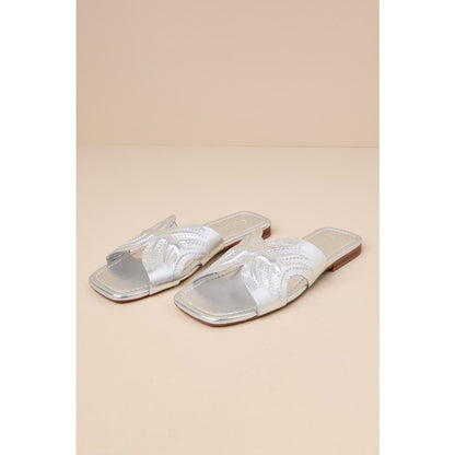 Seychelles Madhu Silver Metallic Leather Flat Slide Sandals