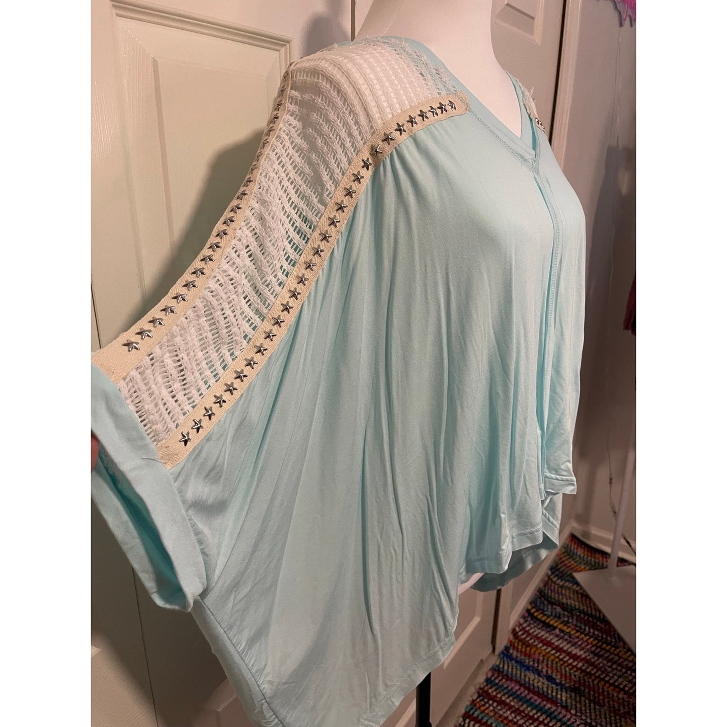 POL Soda Blue Candy Studded Star V Neck Top