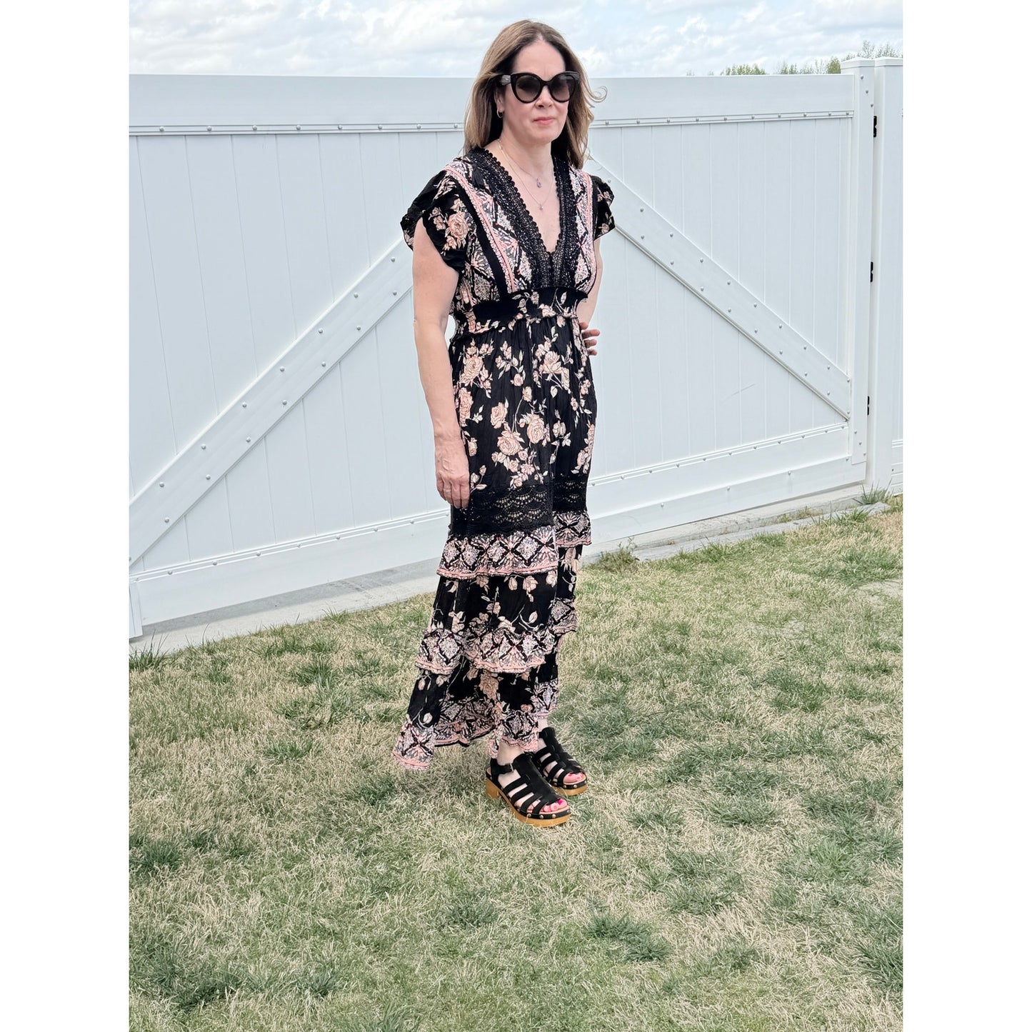 Angie Boho Floral Print Black and Pink Maxi Dress
