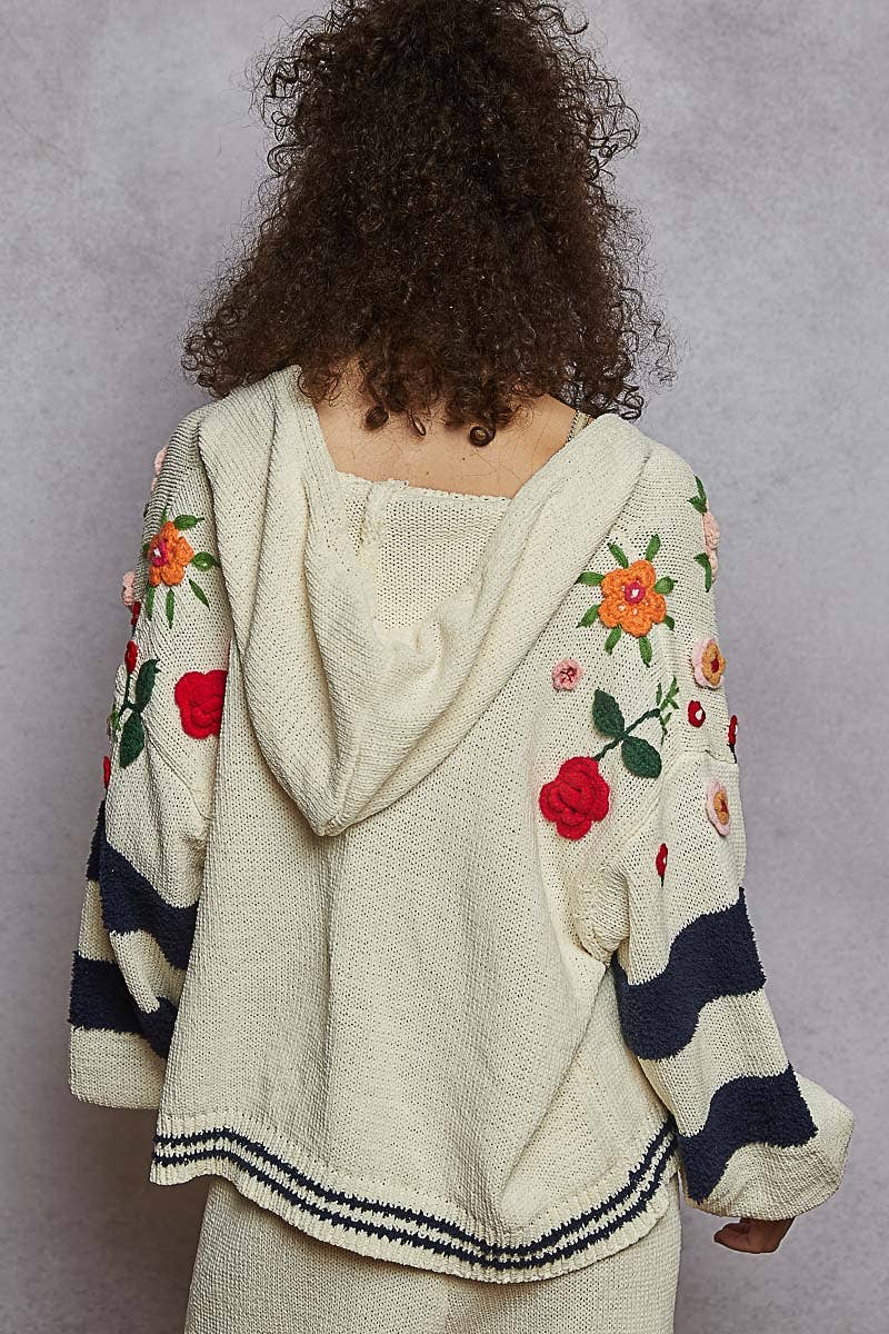 Pol Clothing Striped pattern 3D embroidered hoodie zip-up sweater top