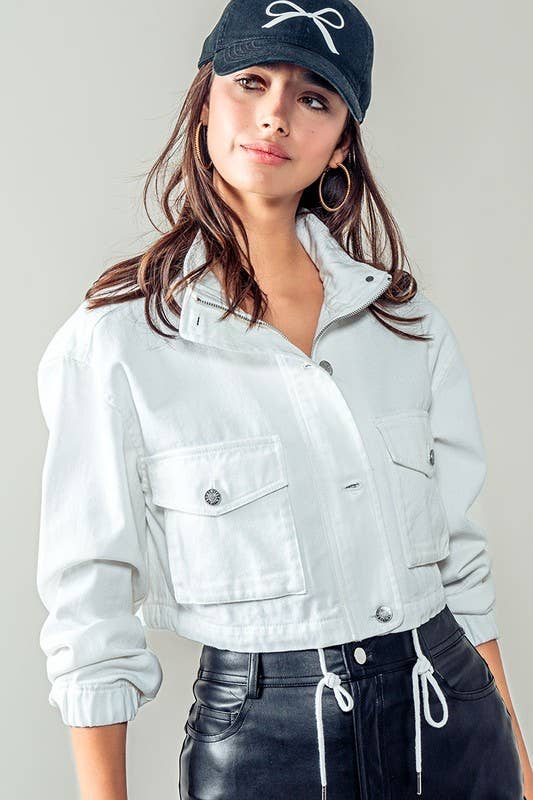 Urban Daizy White Utility Cropped Drawstring Hem Stand Collar Denim Jacket