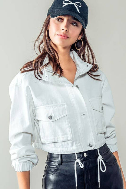 Urban Daizy White Utility Cropped Drawstring Hem Stand Collar Denim Jacket