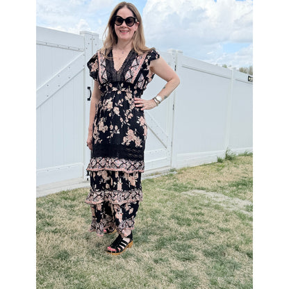 Angie Boho Floral Print Black and Pink Maxi Dress
