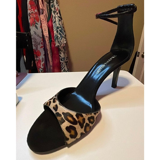 Tamara Mellon Leopard and Black Peep Toe Strap Heels