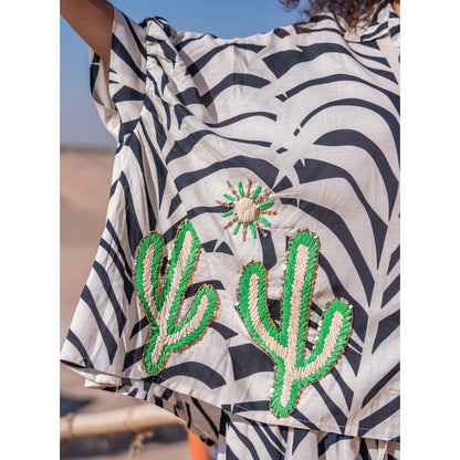 Gold & Silver Paris Zebra Oversized Top with Cactus Details