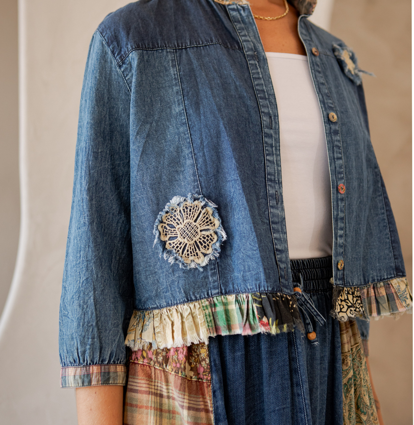 Young Threads Western Boho Chic: Patchwork Cropped Denim Jacket