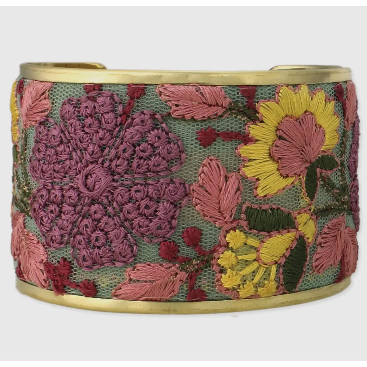 Pink and Yellow Mesh Flower Embroidery Cuff Bracelet