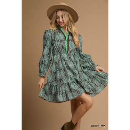Umgee Two Tone Boho Print Long Sleeve Dress