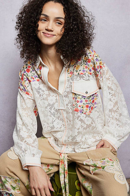 Pol Clothing - Casual V-Neck Long Sleeve Floral Patch Lace Shirt Top SALE