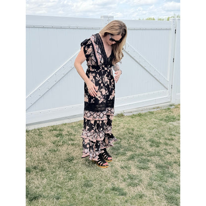 Angie Boho Floral Print Black and Pink Maxi Dress